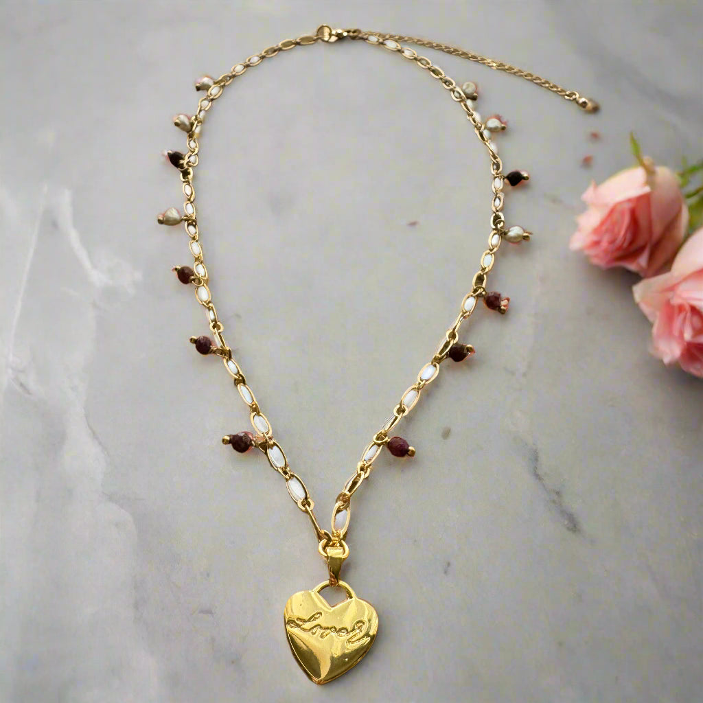 Freshwater Pearl & Ruby "Lover" Charm Necklace