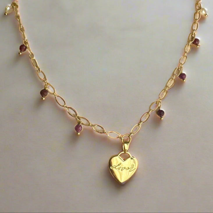 Freshwater Pearl & Ruby "Lover" Charm Necklace