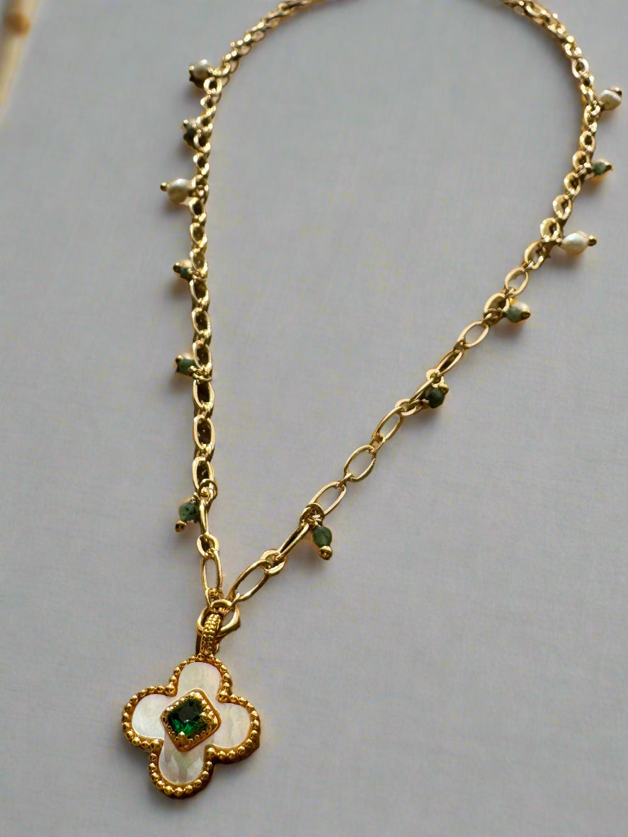 Freshwater Pearl & Emerald Necklace - Mother of Pearl Clover Charm