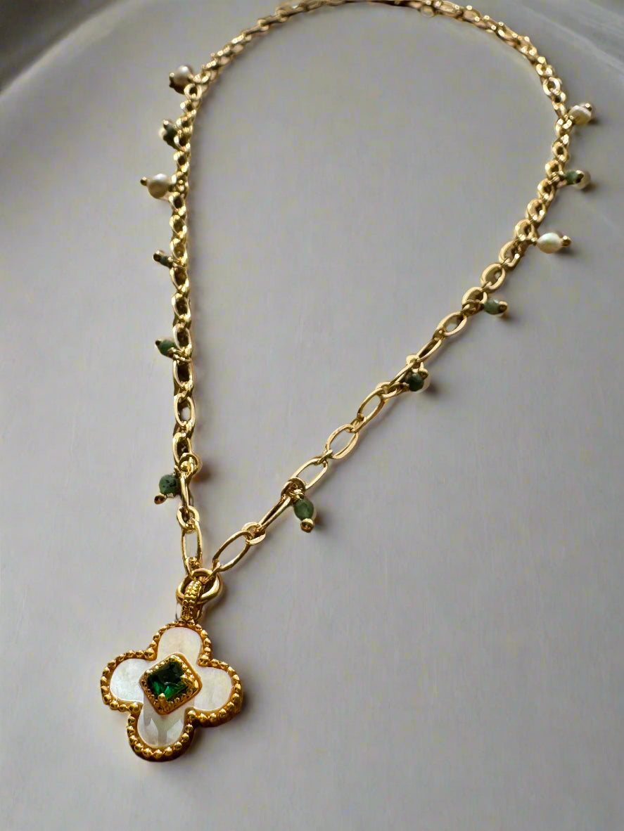 Freshwater Pearl & Emerald Necklace - Mother of Pearl Clover Charm