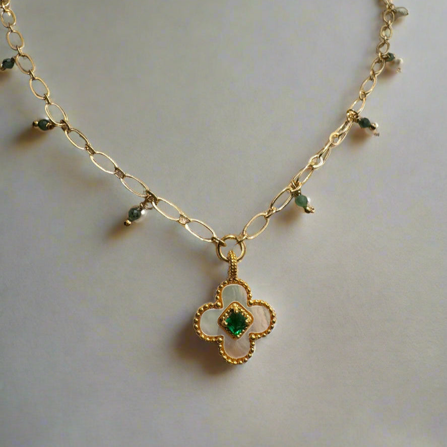 Freshwater Pearl & Emerald Necklace - Mother of Pearl Clover Charm