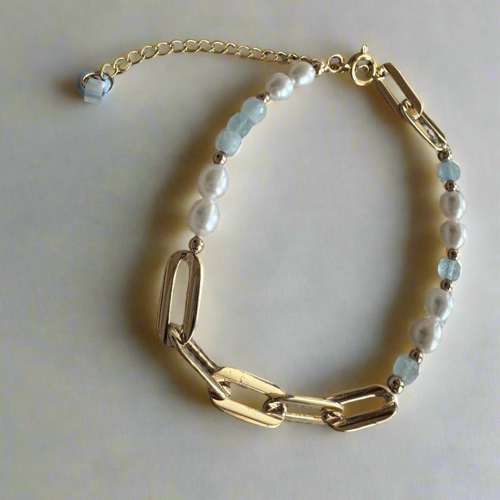 Freshwater Pearl & Aquamarine Gold-Filled Paperclip Bracelet