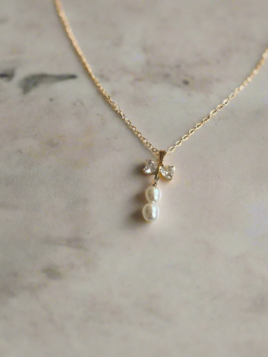 Freshwater Pearl Clear Cubic Zirconia Bow Gold-Filled Necklace