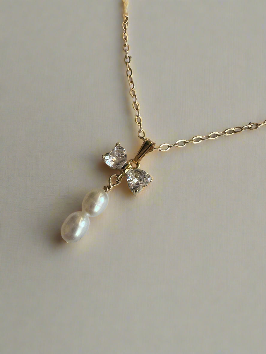 Freshwater Pearl Clear Cubic Zirconia Bow Gold-Filled Necklace