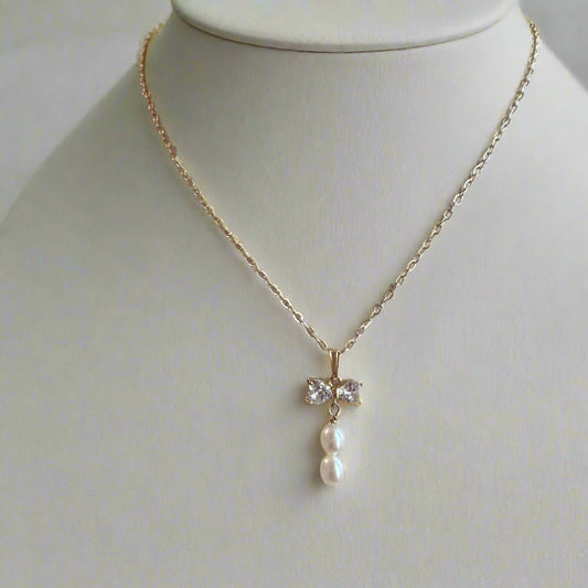 Freshwater Pearl Clear Cubic Zirconia Bow Gold-Filled Necklace