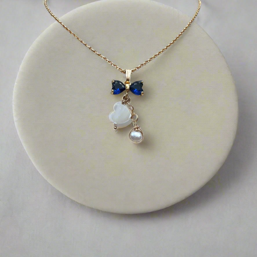 Freshwater Pearl & Mother of Pearl Blue Cubic Zirconia Bow Gold-Filled Necklace