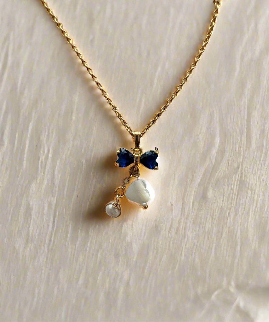 Freshwater Pearl & Mother of Pearl Blue Cubic Zirconia Bow Gold-Filled Necklace