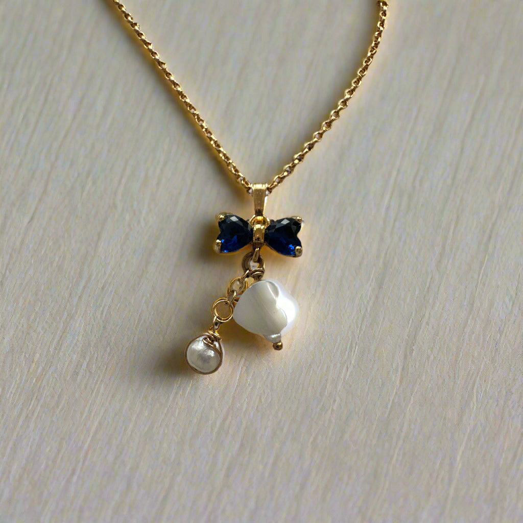 Freshwater Pearl & Mother of Pearl Blue Cubic Zirconia Bow Gold-Filled Necklace