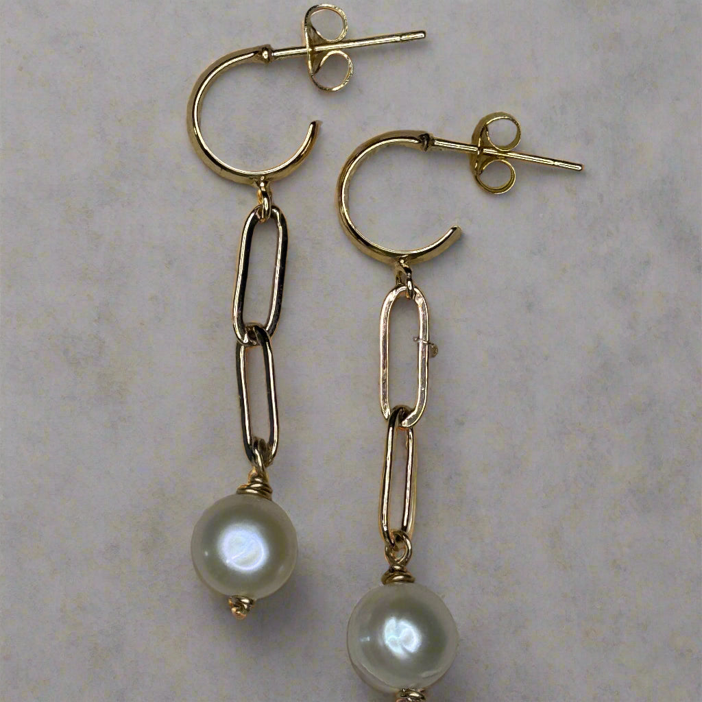 Freshwater Pearl Gold-Filled Paperclip Stud Earrings
