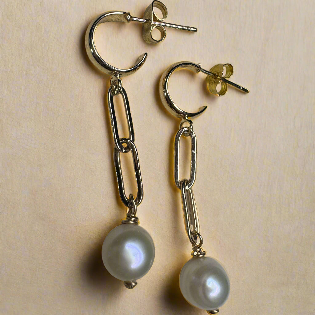 Freshwater Pearl Gold-Filled Paperclip Stud Earrings