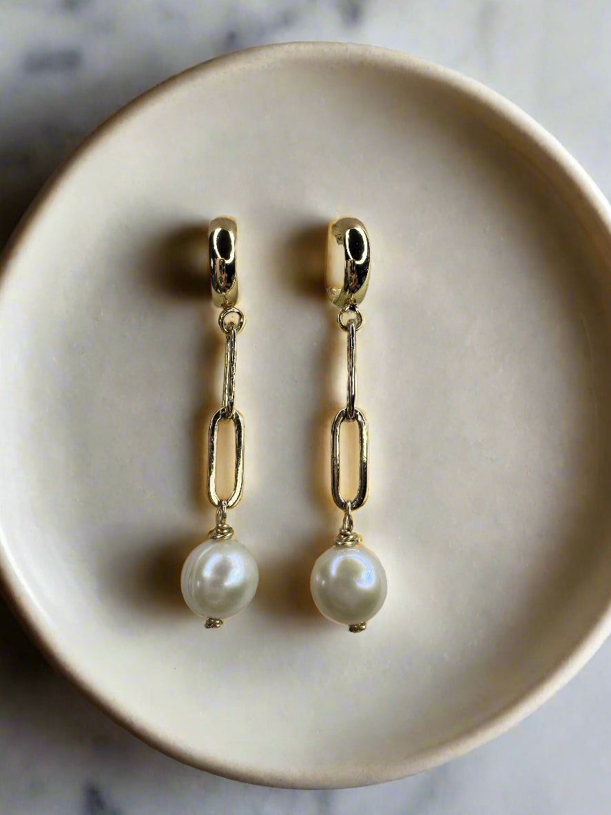 Freshwater Pearl Gold-Filled Paperclip Stud Earrings