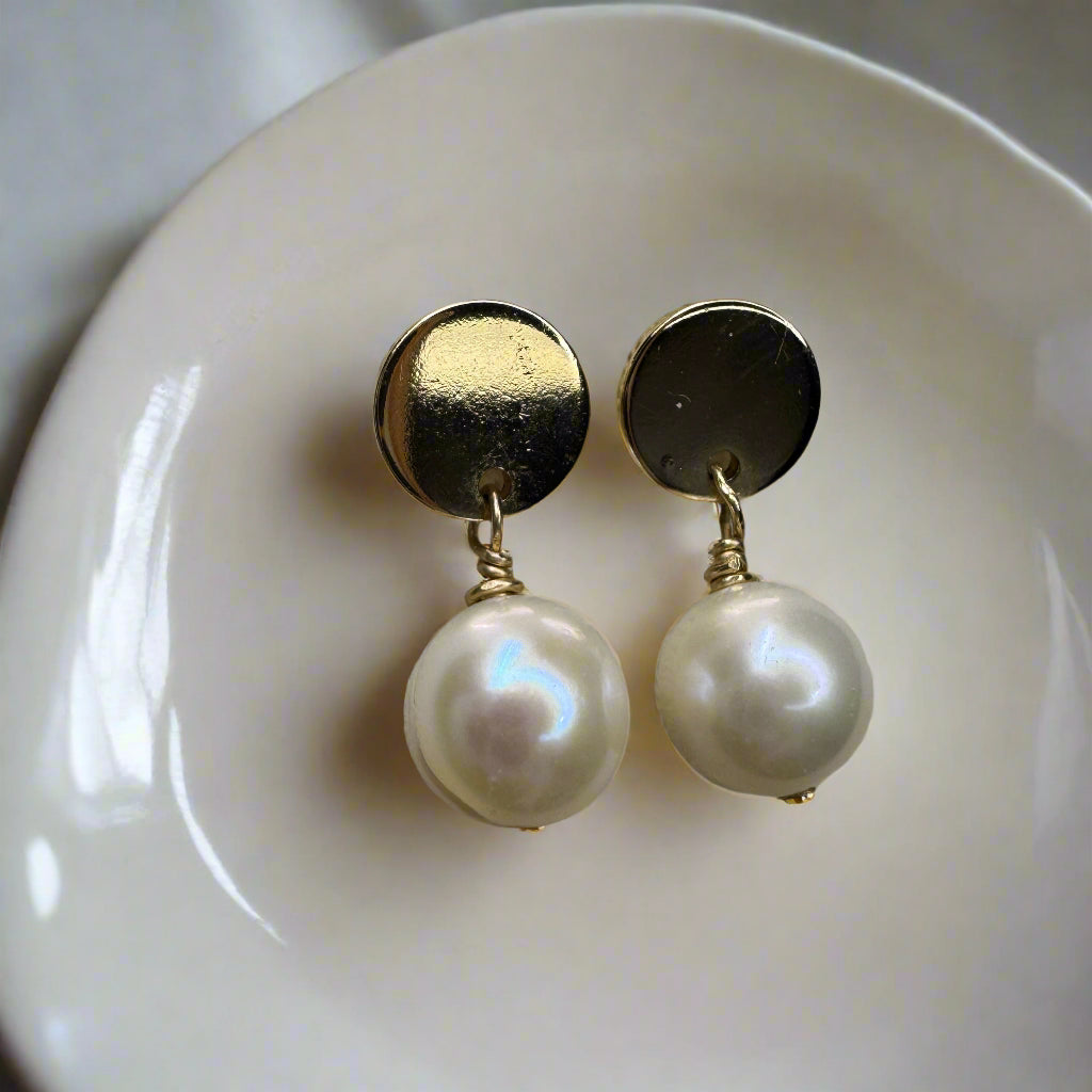 Freshwater Pearl Gold-Filled Coin Stud Earrings