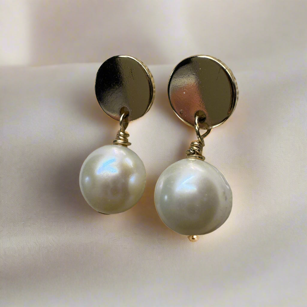 Freshwater Pearl Gold-Filled Coin Stud Earrings