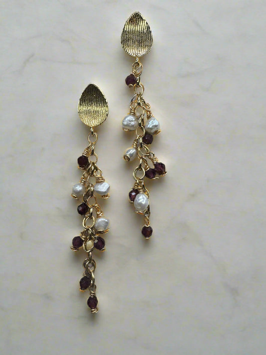 Garnet & Freshwater Pearl Gold-Filled Cluster Earrings