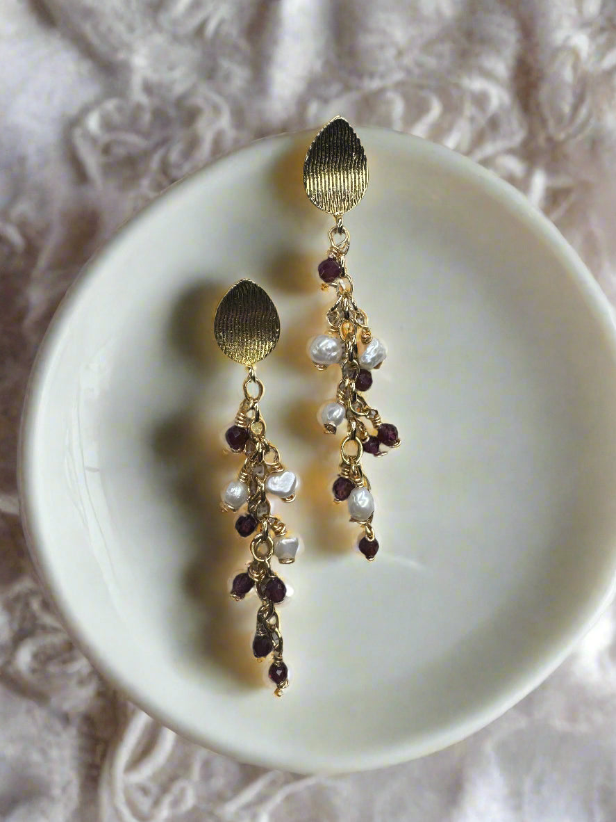 Garnet & Freshwater Pearl Gold-Filled Cluster Earrings