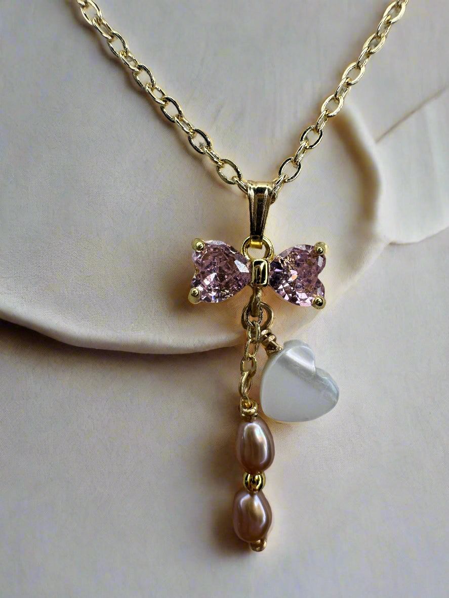 Pink Peacock Freshwater Pearl and Pink Cubic Zirconia Bow Gold-Filled Necklace