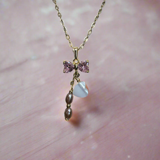 Pink Peacock Freshwater Pearl and Pink Cubic Zirconia Bow Gold-Filled Necklace