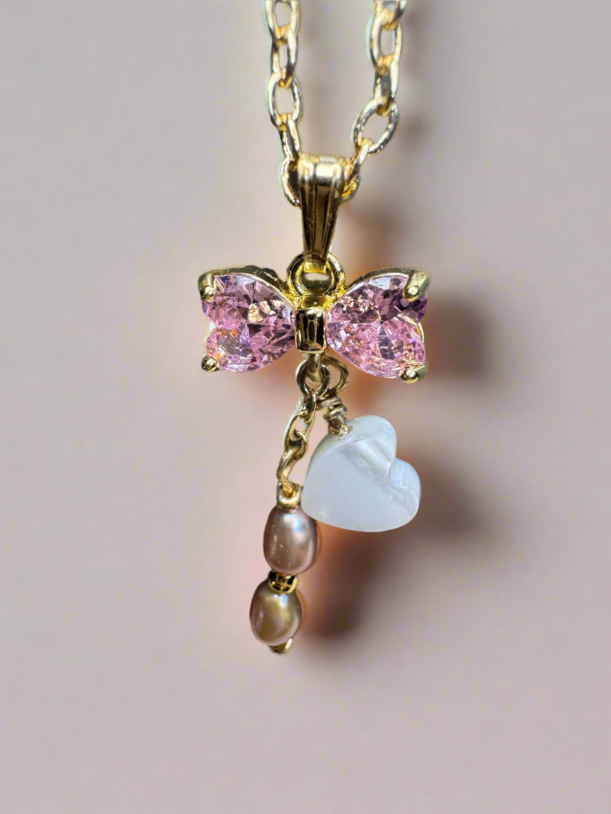 Pink Peacock Freshwater Pearl and Pink Cubic Zirconia Bow Gold-Filled Necklace