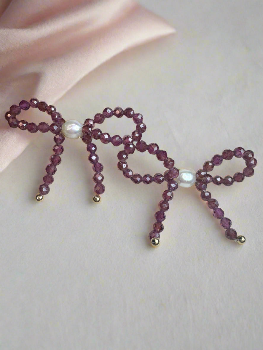 Garnet & Freshwater Pearl Bow Stud Earrings