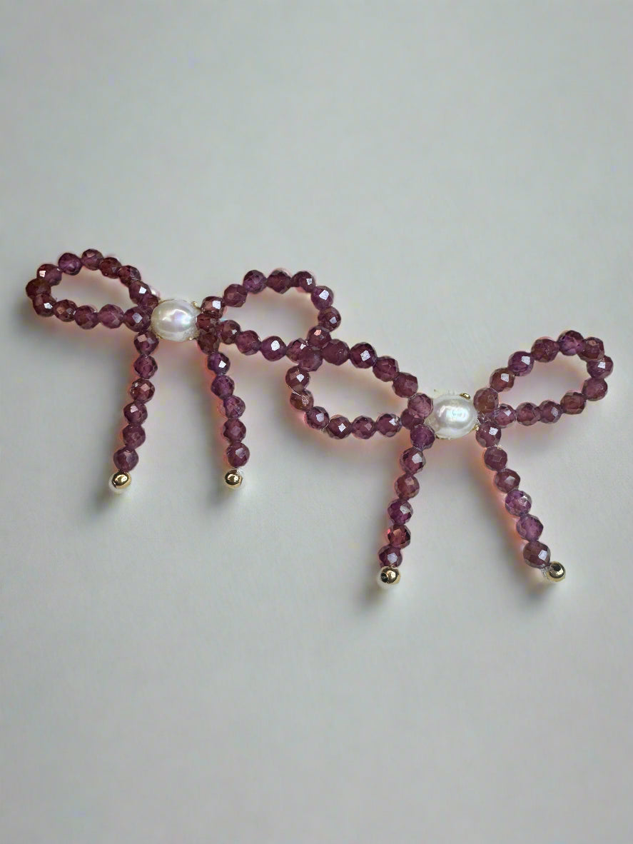 Garnet & Freshwater Pearl Bow Stud Earrings
