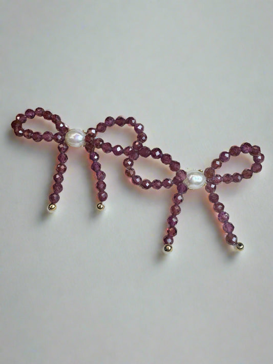 Garnet & Freshwater Pearl Bow Stud Earrings