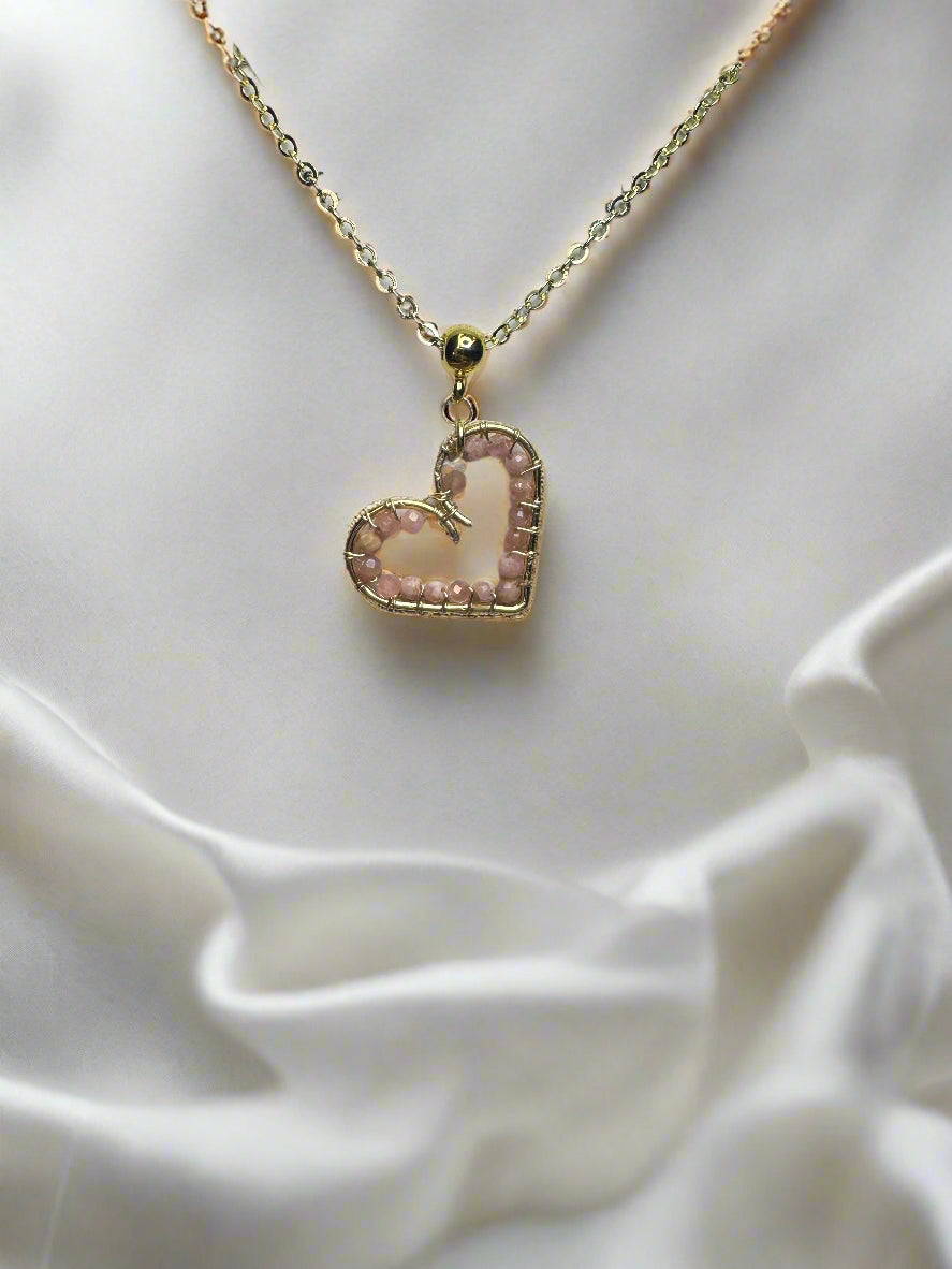 Gold-Plated Rhodonite Wire Wrapped Heart Necklace