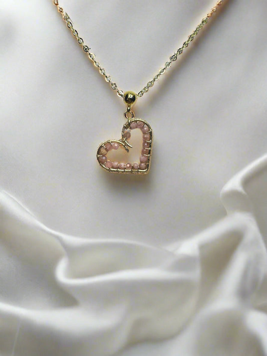 Gold-Plated Rhodonite Wire Wrapped Heart Necklace