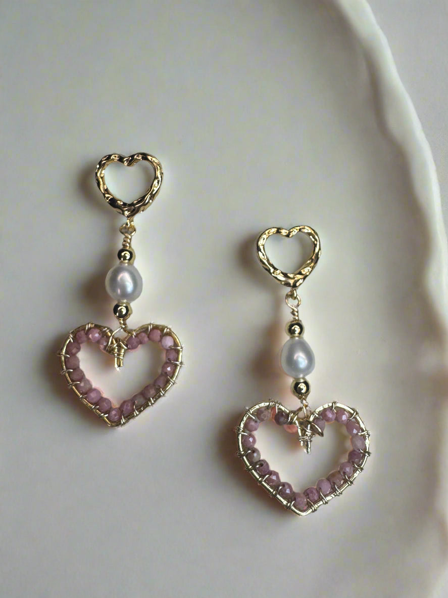 Gold-Plated Freshwater Pearl Rhodonite Wire Wrapped Heart Earrings