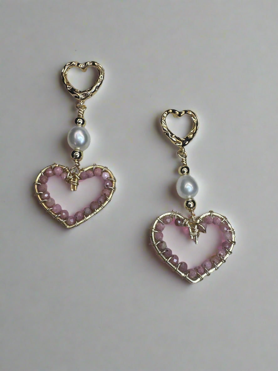Gold-Plated Freshwater Pearl Rhodonite Wire Wrapped Heart Earrings