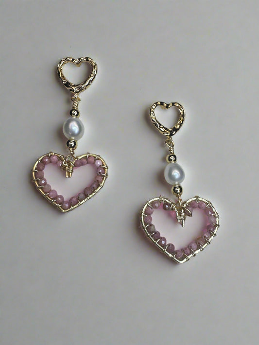 Gold-Plated Freshwater Pearl Rhodonite Wire Wrapped Heart Earrings
