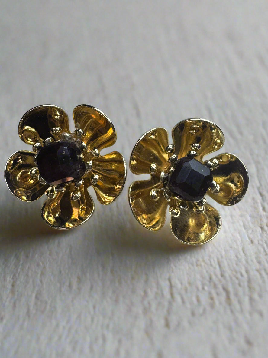 Garnet Gold Plated Flower Stud Earrings