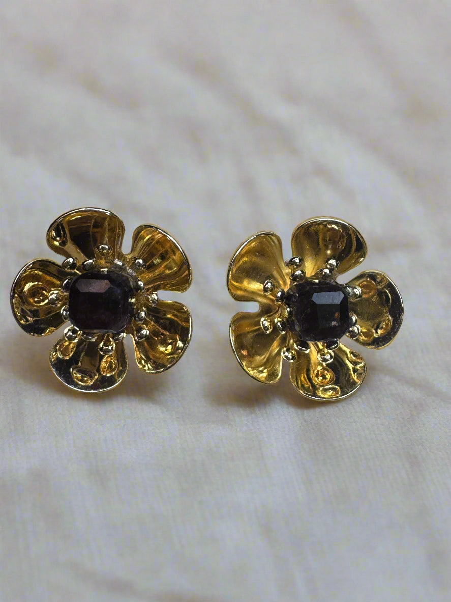 Garnet Gold Plated Flower Stud Earrings