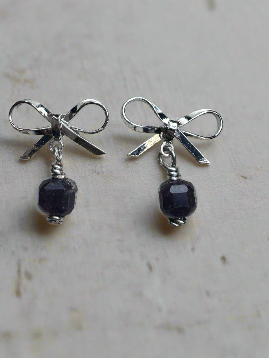 Garnet Silver Plated Bow Stud Earrings