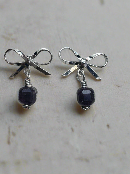 Garnet Silver Plated Bow Stud Earrings