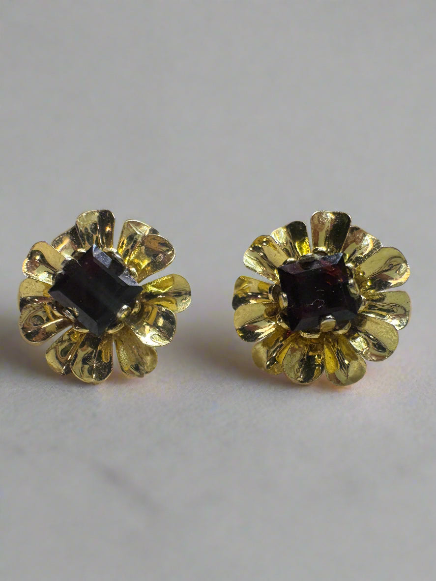 Garnet Gold Plated Flower Stud Earrings
