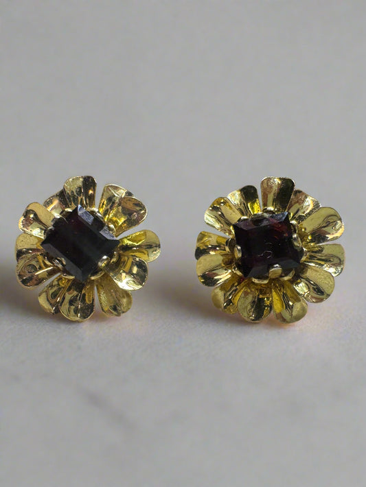 Garnet Gold Plated Flower Stud Earrings