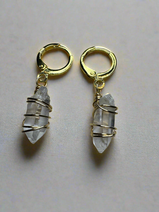 Clear Quartz Points Wire Wrapped Huggie Earrings