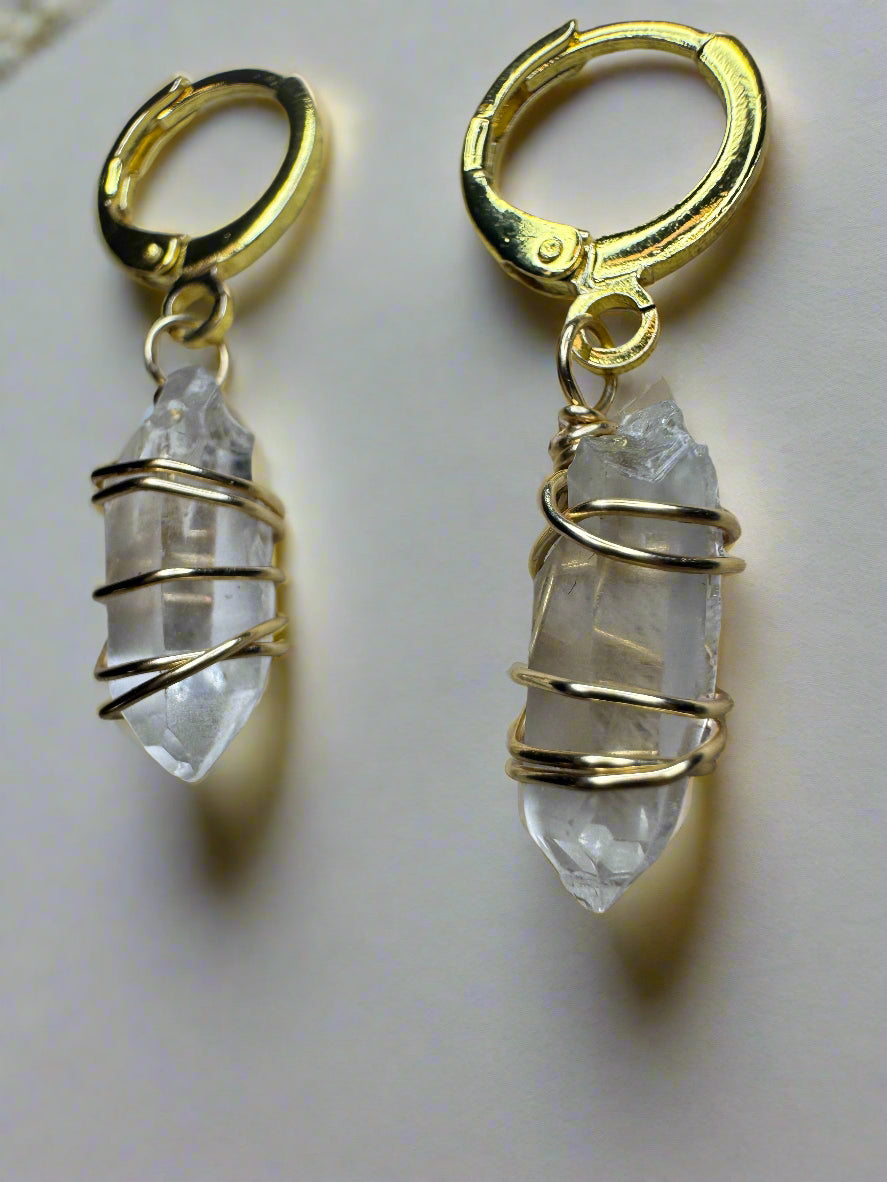 Clear Quartz Points Wire Wrapped Huggie Earrings