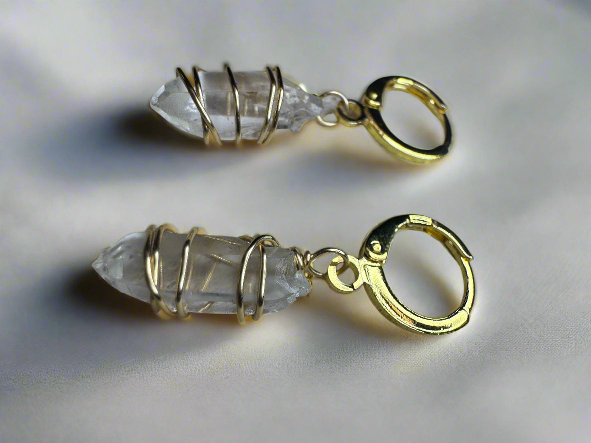Clear Quartz Points Wire Wrapped Huggie Earrings