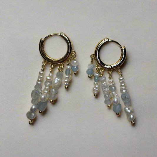 Freshwater Pearl & Aquamarine Gold-Filled Huggie Earrings