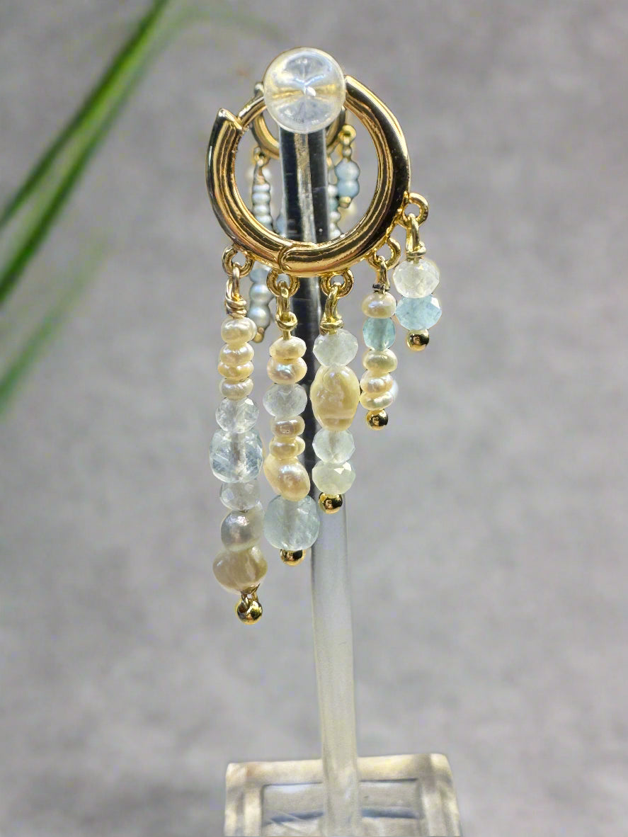 Freshwater Pearl & Aquamarine Gold-Filled Huggie Earrings