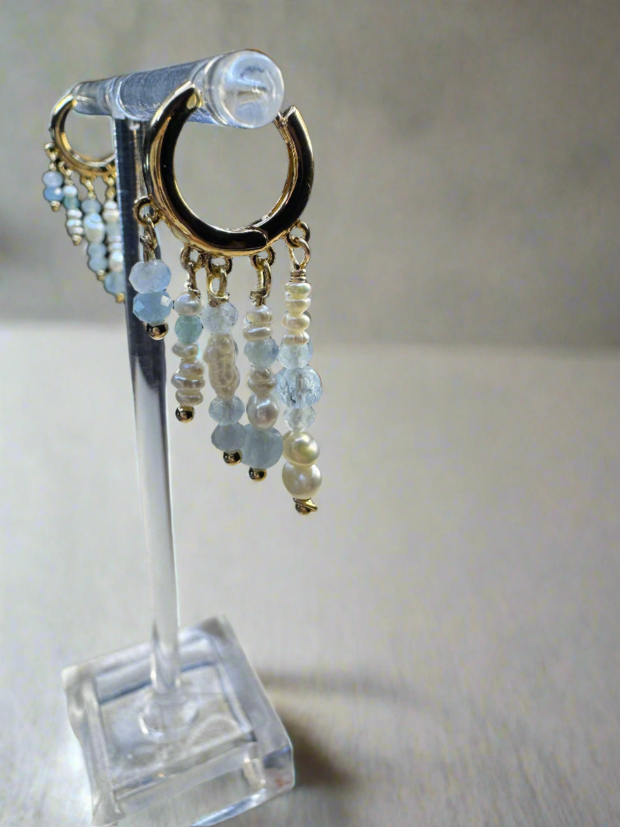 Freshwater Pearl & Aquamarine Gold-Filled Huggie Earrings