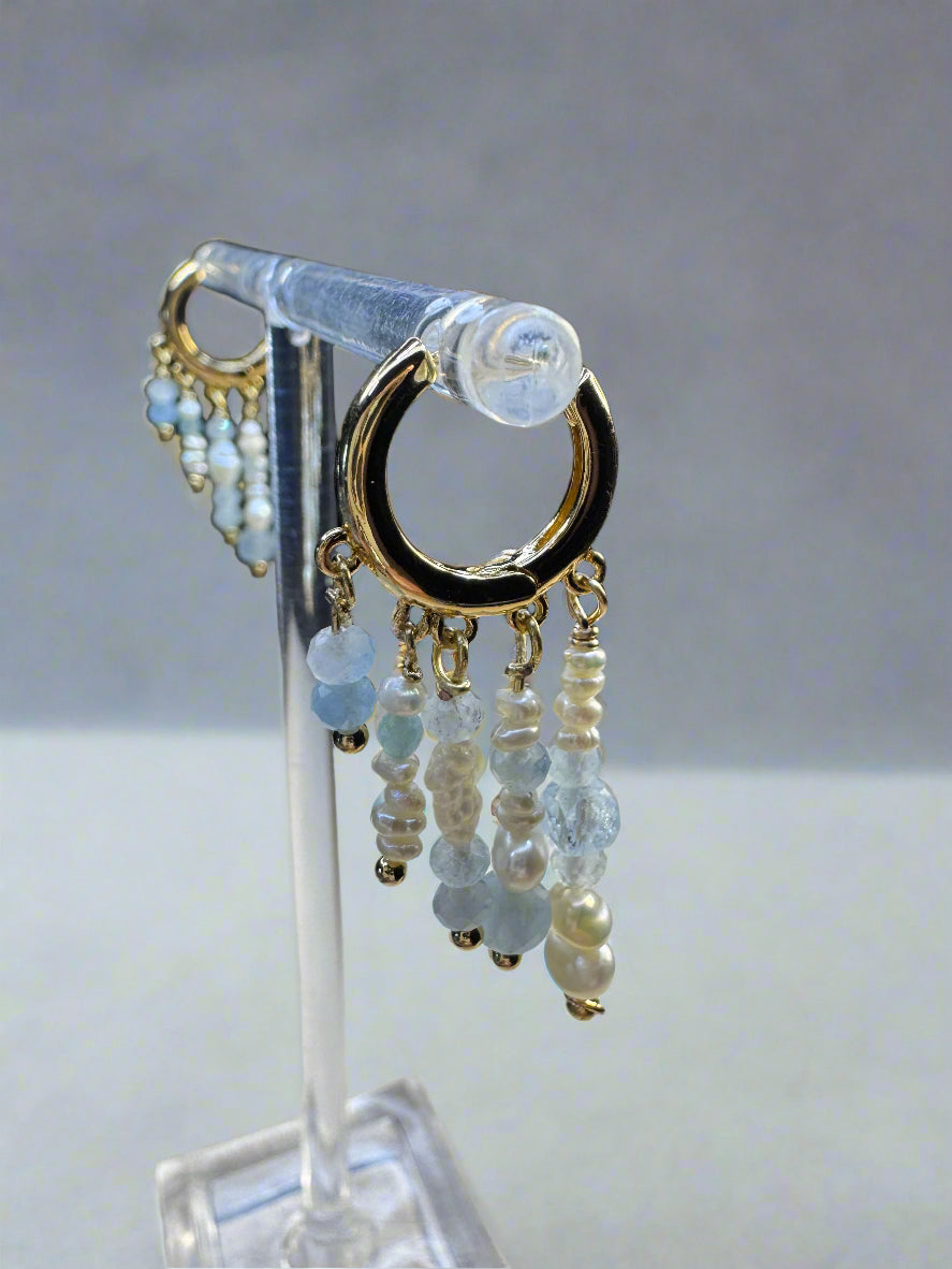 Freshwater Pearl & Aquamarine Gold-Filled Huggie Earrings