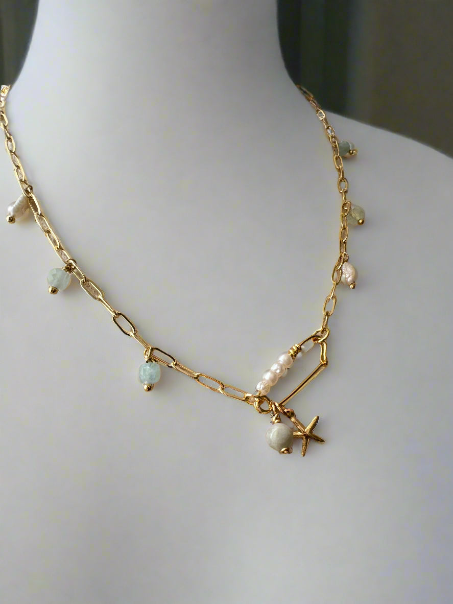 Aquamarine & Freshwater Pearl Gold Filled Paperclip Necklace