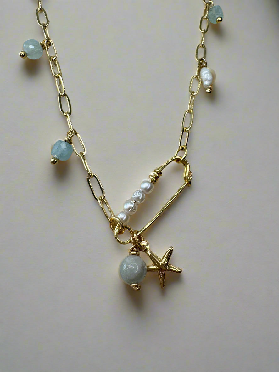 Aquamarine & Freshwater Pearl Gold Filled Paperclip Necklace