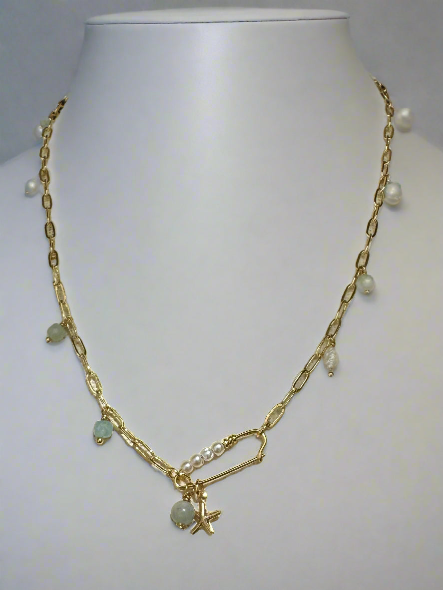 Aquamarine & Freshwater Pearl Gold Filled Paperclip Necklace