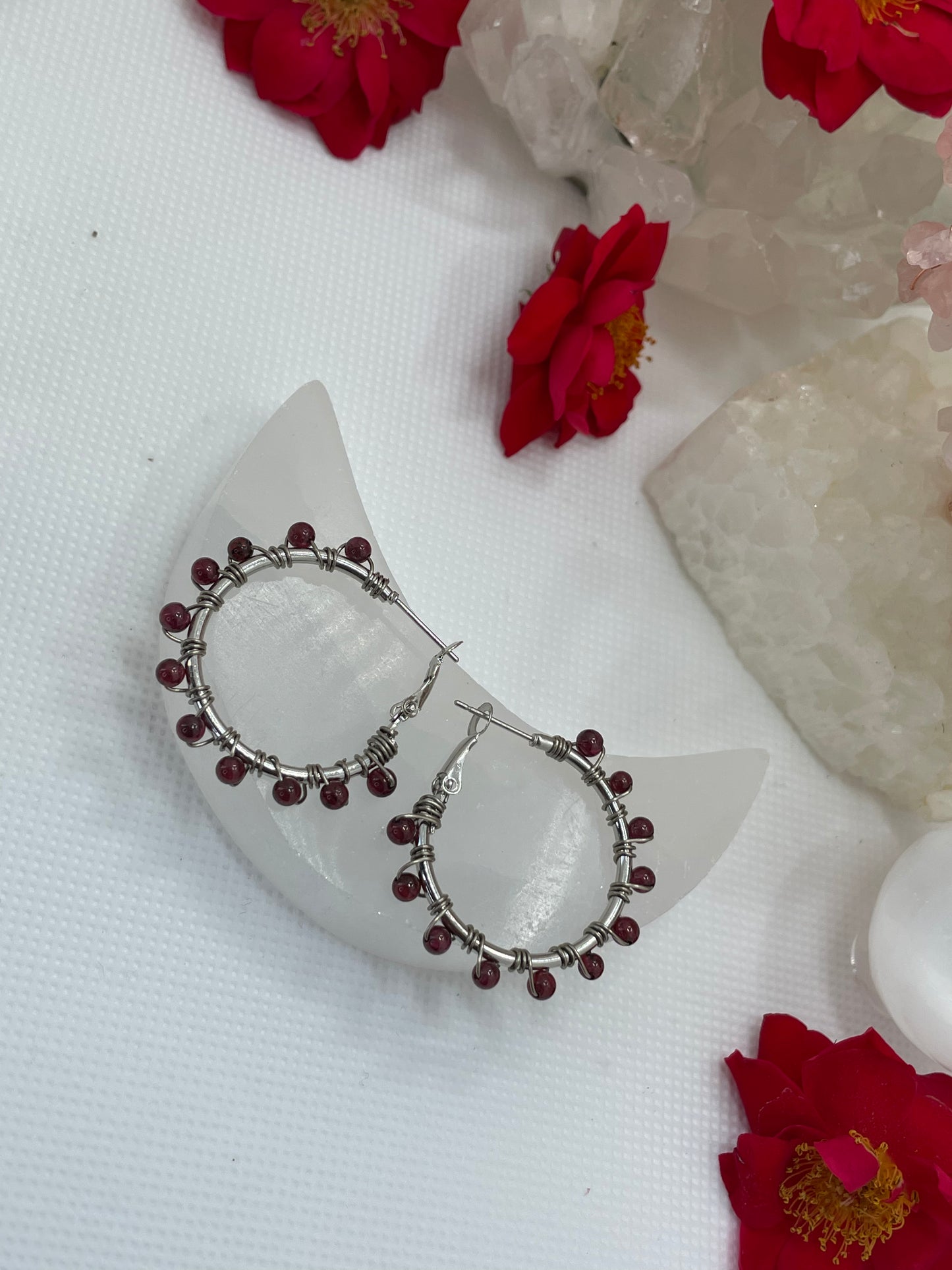 Garnet Gold Hoop Earrings