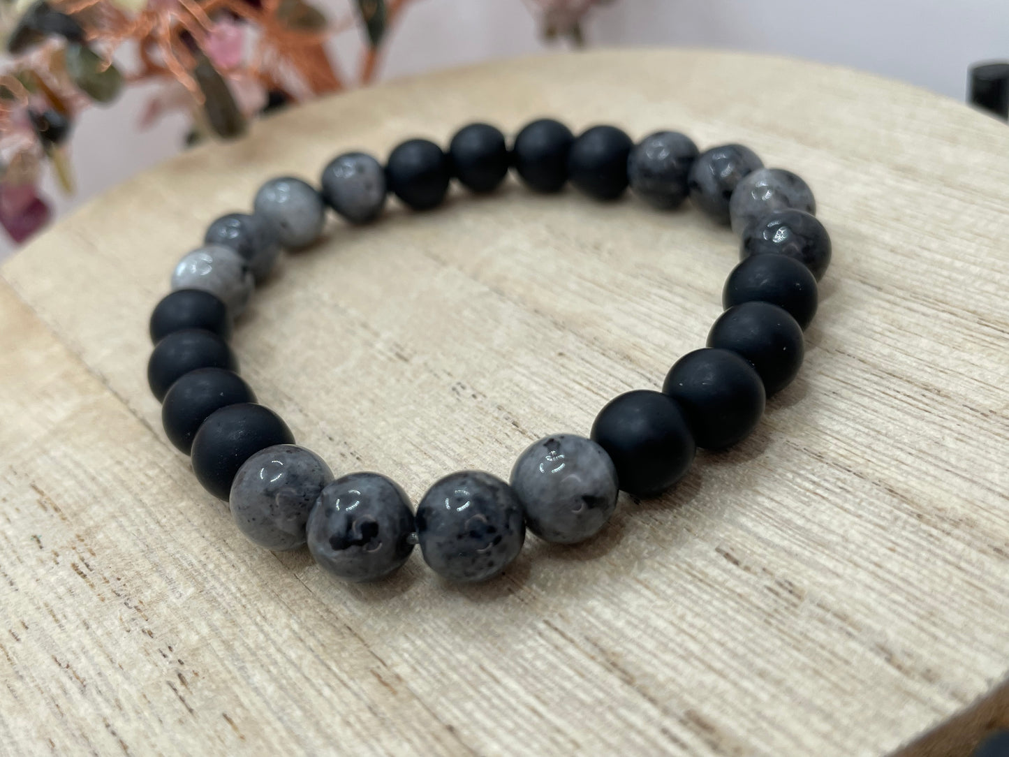 Larvikite Labradorite & Matte Black Onyx 8mm Bracelet