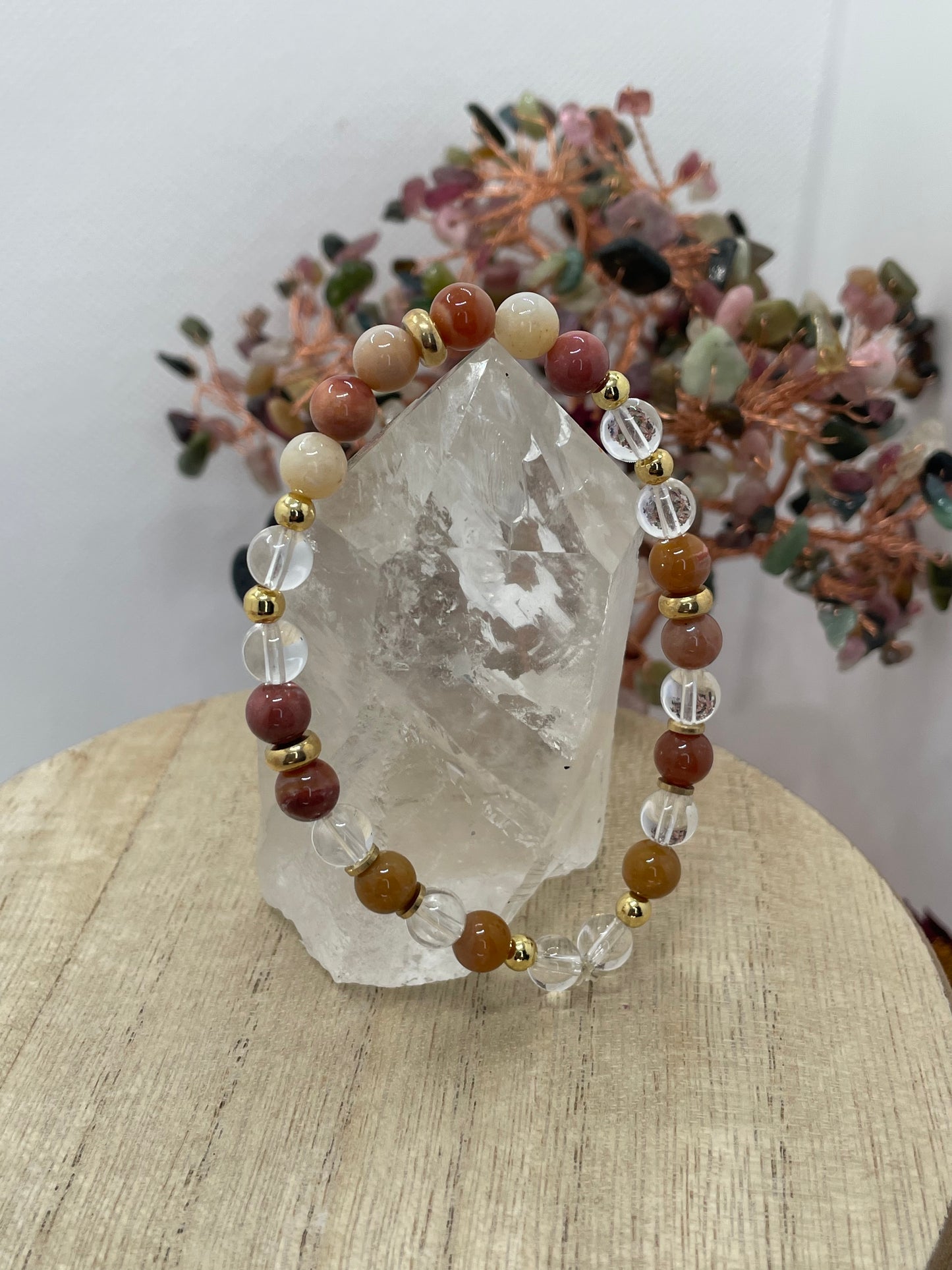Petrified Wood & Clear Quartz 6mm Beaded Bracelet