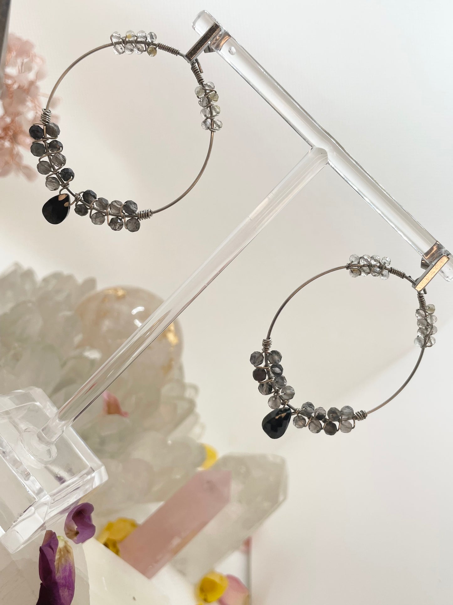 Golden Rutilated Quartz , Obsidian & Black Spinel 45mm Silver Hoop Earrings
